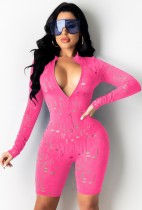 Verano rosa sexy ahueca hacia fuera los mamelucos ajustados con cremallera de manga larga