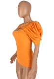 Summer Puff Sleeve Cut Out Orange Fitted Shirt