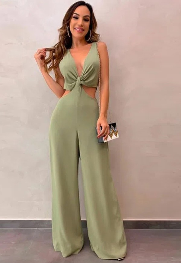 Summer Green Hollow Out Sleeveless V-Neck Classy Jumpsuit