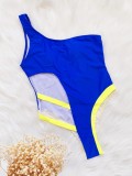 One-Piece Block Color Sexy One Shoulder Swimwear