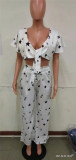 Summer Casual White Stars Knotted Crop Top and High Waist Wide Pants 2PC Matching Set