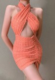 Summer Party Sexy Cut Out Ruched Strings Wrap Halter Mini Dress