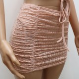 Summer Pink Two Piece Matching Sexy Beaded Crop Top and Mini Skirt Set