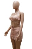 Summer Pink Two Piece Matching Sexy Beaded Crop Top and Mini Skirt Set