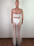 Summer White Bandeau Top and Mesh Skirt 2PC Set