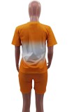 Summer Casual Orange Two Piece Matching Gradient Shirt and Biker Shorts Set