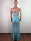 Summer Blue Bandeau Top and Mesh Skirt 2PC Set