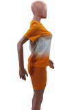 Summer Casual Orange Two Piece Matching Gradient Shirt and Biker Shorts Set