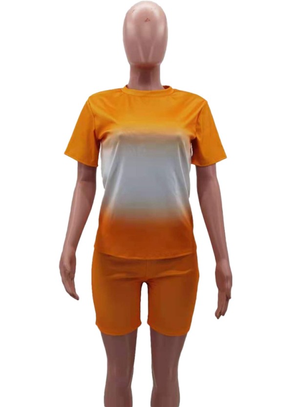Wholesale Summer Casual Orange Two Piece Matching Gradient Shirt and ...