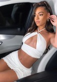 Summer White Sexy Halter Crop Top and Mini Skirt 2pc Set