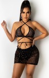 Summer Black Two Piece Matching Sexy Beaded Crop Top and Mini Skirt Set