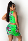Summer Two Piece Matching Floral Green Sexy Lace-Up Crop Top and Skirt Set