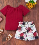 Kids Girl Summer Solid Shirt and Floral Shorts 2pc Set