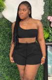 Summer Casual Matching 2pc Solid One Shoulder Crop Top and Shorts Set