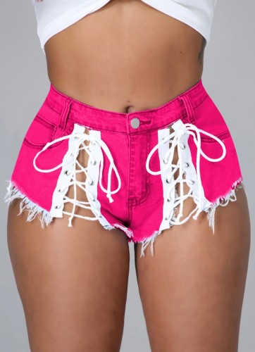 Summer Pink Lace-Up Tassels Denim Shorts