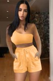 Summer Casual Matching 2pc Solid One Shoulder Crop Top and Shorts Set