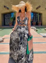 Summer Print Black Sexy Halter Long Sundress