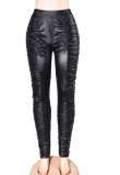 Summer Black High Waist Ruched Leather Trousers