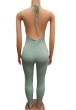 Summer Green V-Neck Sexy Ribbed Halter Bodycon Jumpsuit