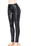 Summer Black High Waist Ruched Leather Trousers