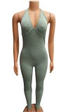 Summer Green V-Neck Sexy Ribbed Halter Bodycon Jumpsuit