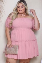 Summer Plus Size Pink Off Shoulder High Waist Skater Dress