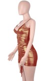 Summer Metallic Sexy Ruched Strings Strap Mini Dress