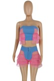 Summer Ruffles Mesh Patch Sexy Denim Strapless Crop Top and Shorts 2pc Set