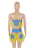 Summer Ruffles Mesh Patch Sexy Denim Strapless Crop Top and Shorts 2pc Set