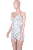 Summer Metallic Sexy Ruched Strings Strap Mini Dress