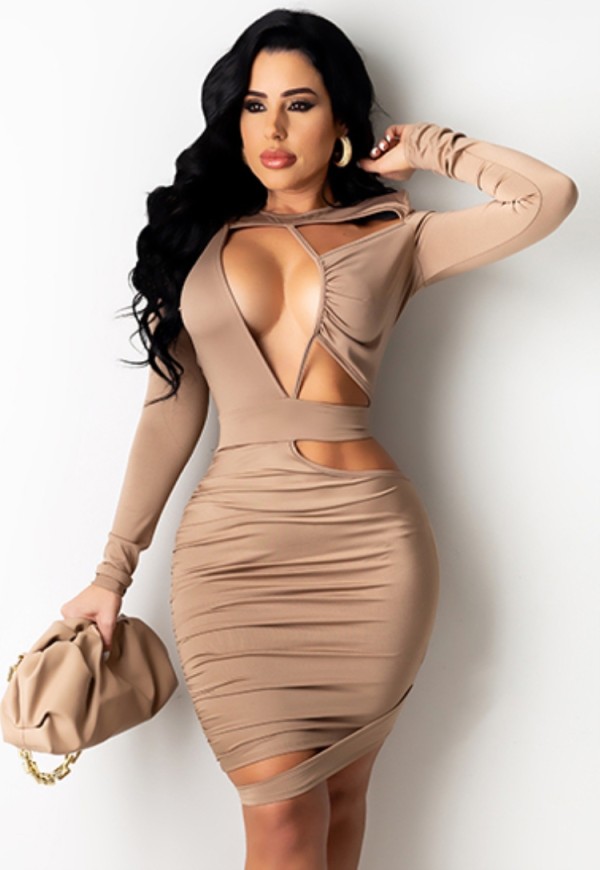 Summer Solid Sexy Hollow Out Ruched Bodycon Dress