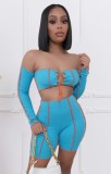 Summer Blue Sexy Lace-Up Bandeau Top and High Waist Shorts Set