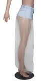 Summer Denim and Mesh Patch Sexy Beaded Long Skirt