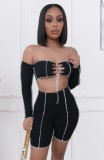 Summer Black Sexy Lace-Up Bandeau Top and High Waist Shorts Set
