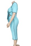 Summer Plus Size Blue Sexy Cut Out Knotted Midi Dress