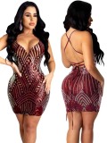Summer Burgunry Sequins Backless Sexy Mini Bodycon Dress