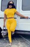 Summer Casual Yellow Crop Top and Stacked Pants 2pc Matching Set