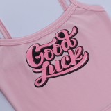 Summer Casual Print Pink Cute Short Strap Vest