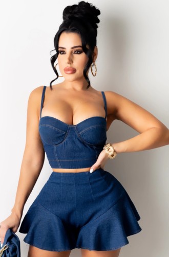 Summer Casual Blue Denim Strap Crop Top and Wide Shorts 2pc Set