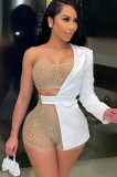 Summer White and Nude Beaded 3 Piece Party Top and Shorts Set