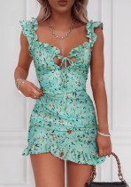 Mini vestido de verão sexy com babados florais de verão