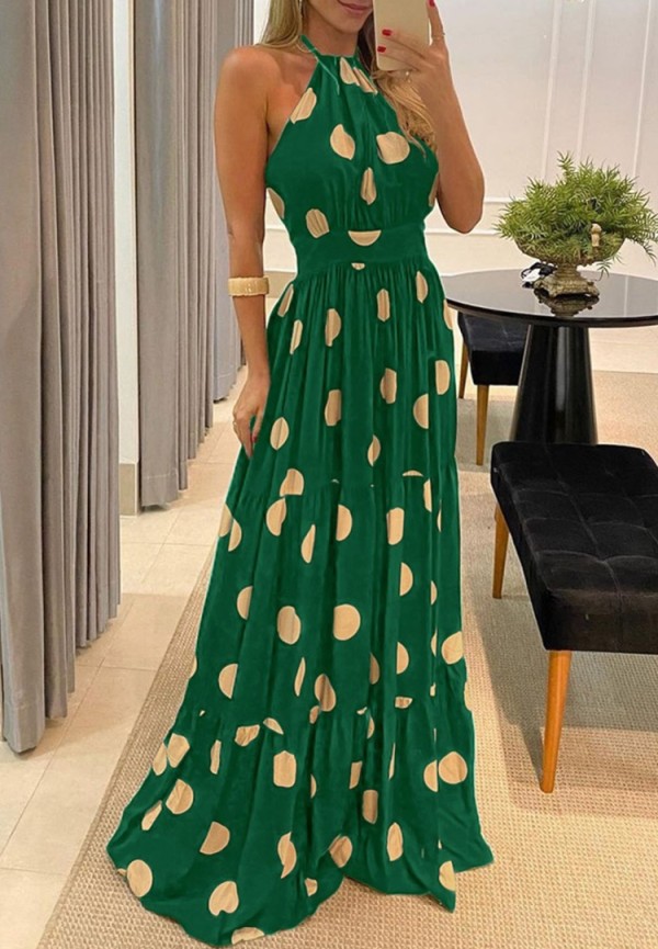 Summer Formal Green Polka Halter Long Evening Dress