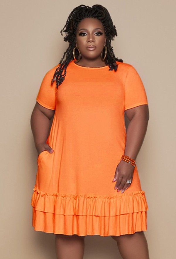 Summer Plus Size Orange O-Neck Ruffles Shirt Dress