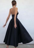 Summer Formal Black High Waist Strap Long Prom Dress