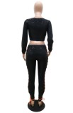 Summer Sequins Black Two Piece Lace-Up Bodycon Crop Top and Pants Set