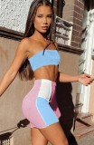 Summer Sexy Block Color One Shoulder Crop Top and Mini Skirt Set