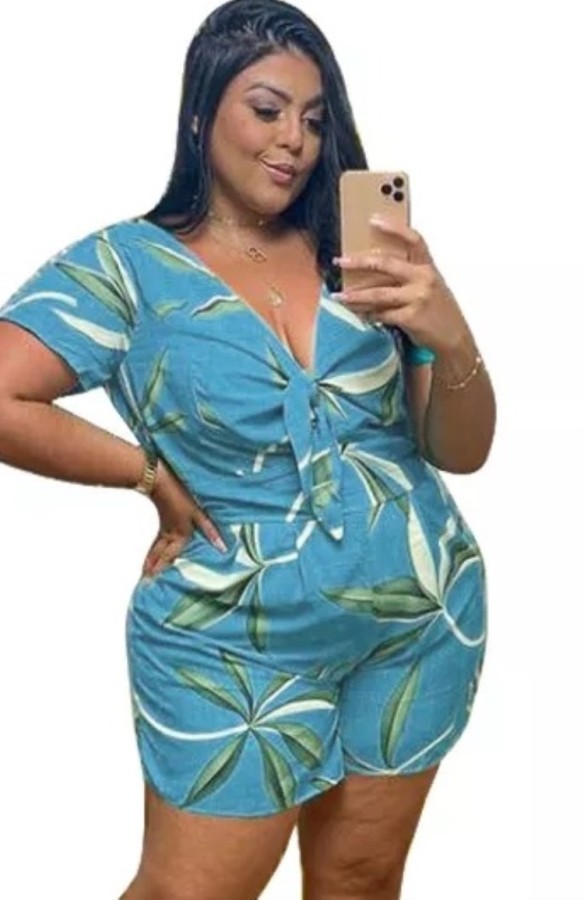 Plus Size Summer Print Blue V-Neck Knotted Casual Rompers