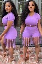 Summer Purple Sexy Crop Top y Shorts con flecos Conjunto a juego de 2 piezas
