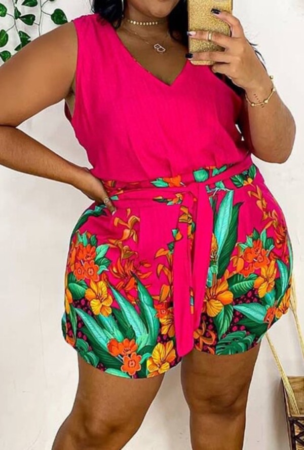 Summer Plus Size Pink Floral V-Neck Casual Rompers