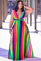 Été Plus Size Deep-V Side Slit sans manches Sexy Rainbow Long Maxi Dress